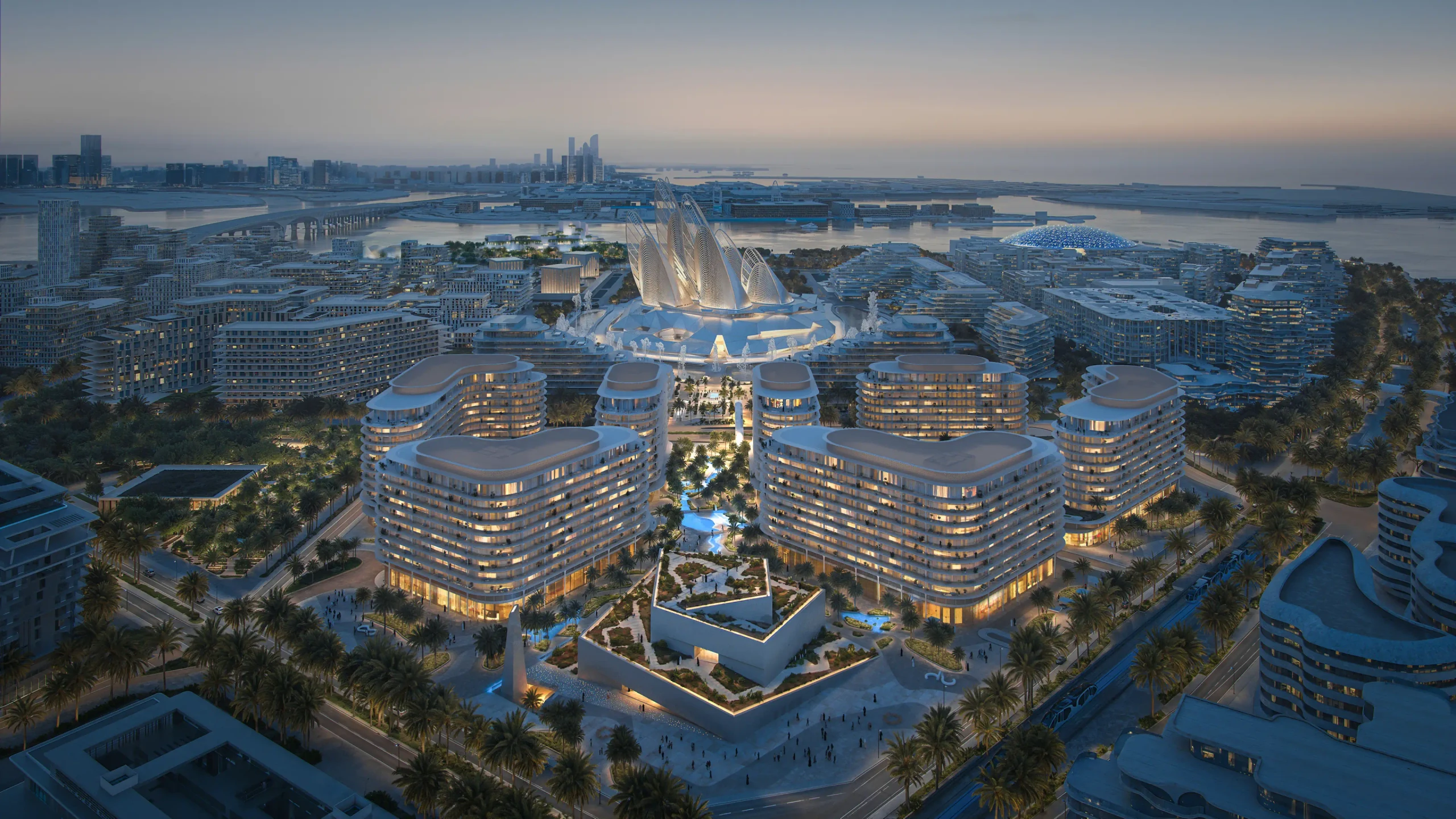Aerial view of The Row Saadiyat around the cultural district, architectural render