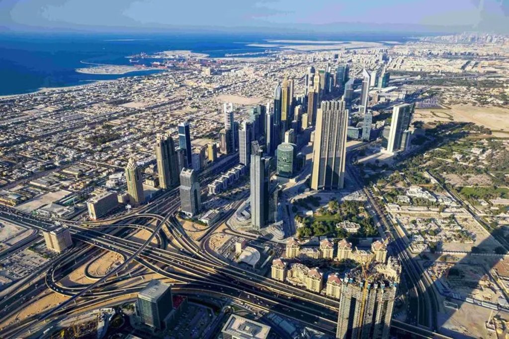Dubai skyline arial shot