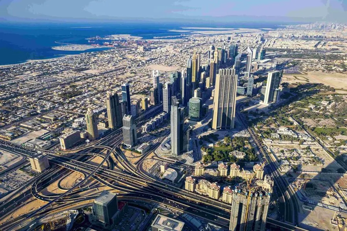Dubai skyline arial shot